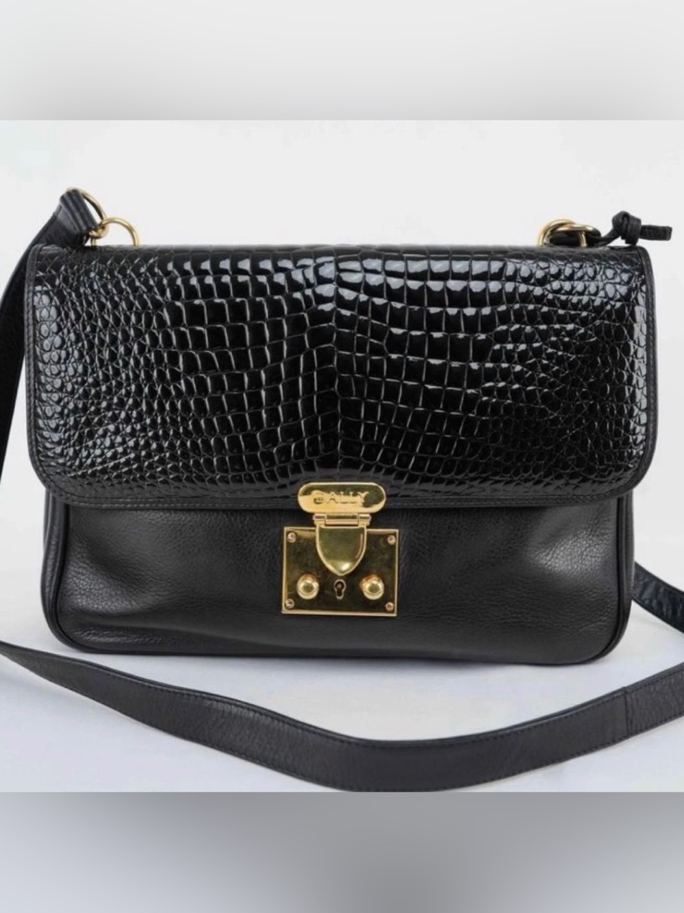 Vintage Bally Black Croc-Embossed & Smooth Leather Bag with Gold Hardware 7X11